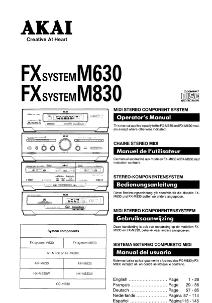 AKAI AM-M630 AM-M830 MIDI STEREO COMPONENT SYSTEM OPERATORS MANUAL MANUEL DE L'UTILISATEUR BEDIENUNGSANLEITUNG GEBRUIKSAANWIJZING MANUAL DEL USUARIO 57 PAGES ENG FR DE NL ESP