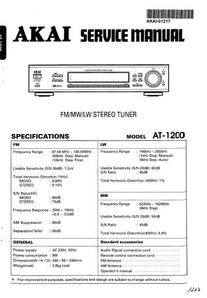 AKAI AT-1200 FM MW LW STEREO TUNER SERVICE MANUAL INC BLK DIAG WIRING DIAG PCBS SCHEM DIAGS AND PARTS LIST 24 PAGES ENG