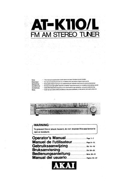 AKAI AT-K110 AT-K110L FM STEREO TUNER BEDIENUNGSANLEITUNG MIT ANSCHLUSSE 7 SEITE DEUT