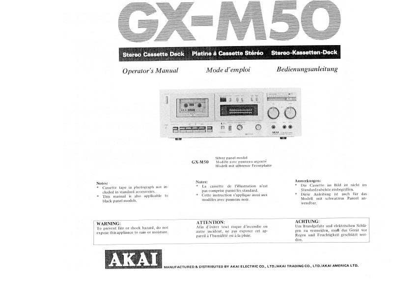 AKAI GX-M50 STEREO CASSETTE DECK OPERATORS MODE D'EMPLOI BEDIENUNGSANLEITUNG INC CONN DIAGS AND TRSHOOT GUIDE 17 PAGES ENG FR DE