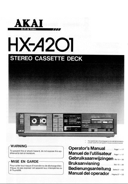 AKAI HX-A201 STEREO CASSETTE DECK OPERATORS MANUAL MANUEL DE L'UTILISATEUR BEDIENUNGSANLEITUNG MANUAL DEL USUARIO 35 PAGES ENG FR DE ESP