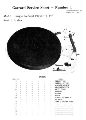 GARRARD 4HF SINGLE RECORD PLAYER SERVICE SHEET 20 PAGES ENG