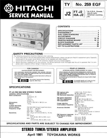 HITACHI J2 STEREO TUNER AMPLIFIER SERVICE MANUAL INC DIAL CORD STRINGING BLOCK DIAG PCBS SCHEM DIAGS AND PARTS LIST 24 PAGES ENG DEUT FRANC