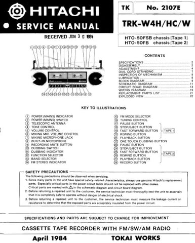 HITACHI TRK-W4H CASSETTE TAPE RECORDER WITH FM SW AM RADIO SERVICE MANUAL INC DIAL CORD STRINGING BLK DIAG PCBS SCHEM DIAG AND PARTS LIST 16 PAGES ENG