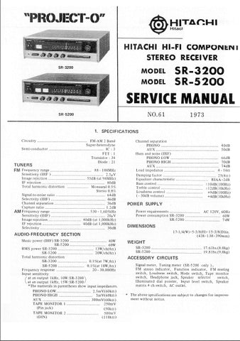HITACHI SR-3200 SR-5200 STEREO RECEIVER SERVICE MANUAL INC SCHEM DIAGS 14 PAGES ENG