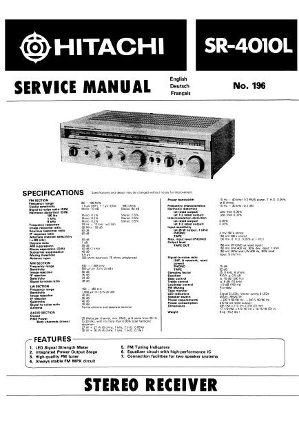HITACHI SR-4010L STEREO RECEIVER SERVICE MANUAL INC SCHEM DIAGS 15 PAGES ENG DEUT FRANC