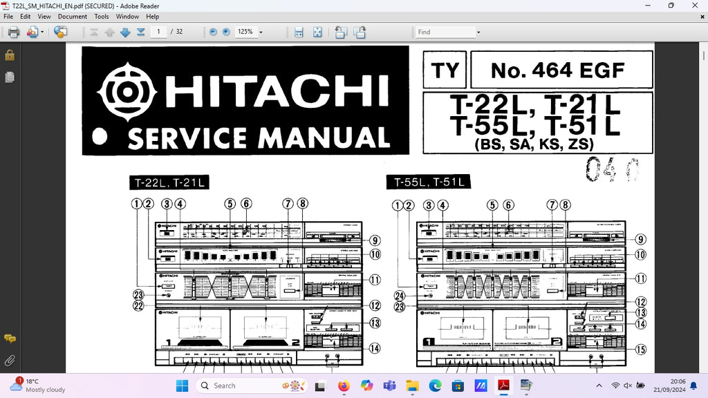 HITACHI T-22L T-21L T-55L T-51L AM FM STEREO DOUBLE CASSETTE RECORDER WITH SEMI AIUTOMATIC TURNTABLE SERVICE MANUAL 32 PAGES ENG DEUT FRANC