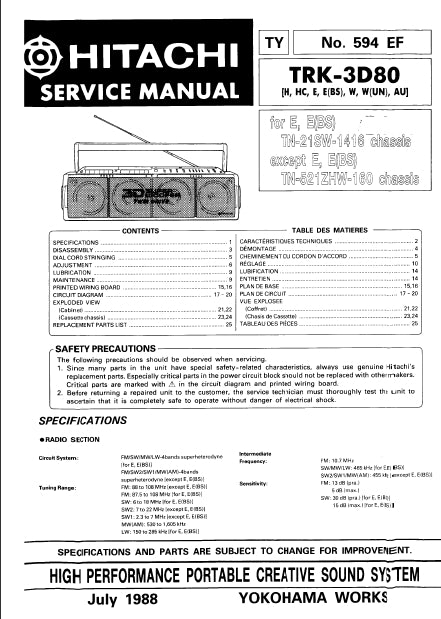 HITACHI TRK-3D80 HIGH PERFORMANCE PORTABLE CREATIVE SOUND SYSTEM SERVICE MANUAL INC SCHEM DIAGS 20 PAGES ENG FRANC