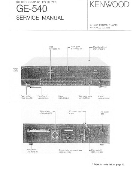 KENWOOD GE-540 STEREO GRAPHIC EQUALIZER SERVICE MANUAL INC SCHEMATIC DIAGRAMS 11 PAGES ENG