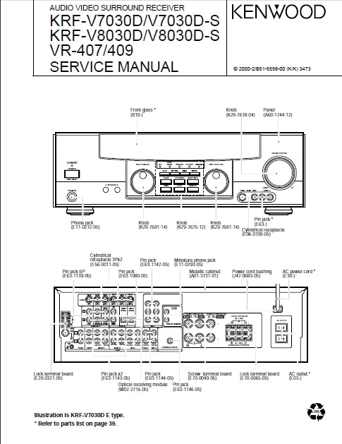 KENWOOD KRF-V7030D KRF-V7030D-S KRF-V8030D KRF-V8030D-S VR-407 VR-409 AV SURROUND RECEIVER SERVICE MANUAL INC SCHEM DIAGS 40 PAGES ENG