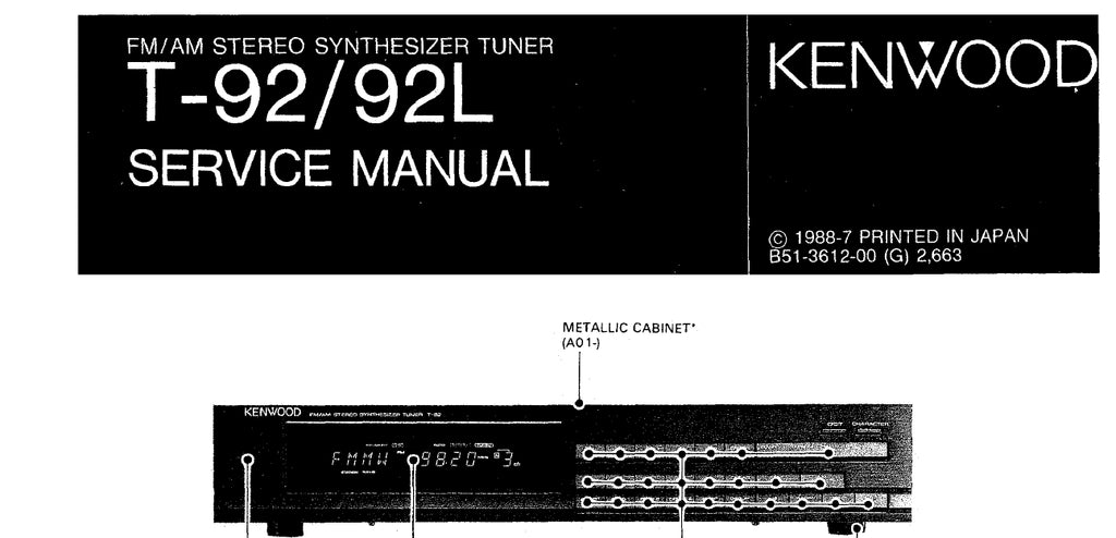 KENWOOD T-92 T-92L FM AM STEREO SYNTHESIZER TUNER SERVICE MANUAL INC SCHEMATIC DIAGRAMS 39 PAGES ENG