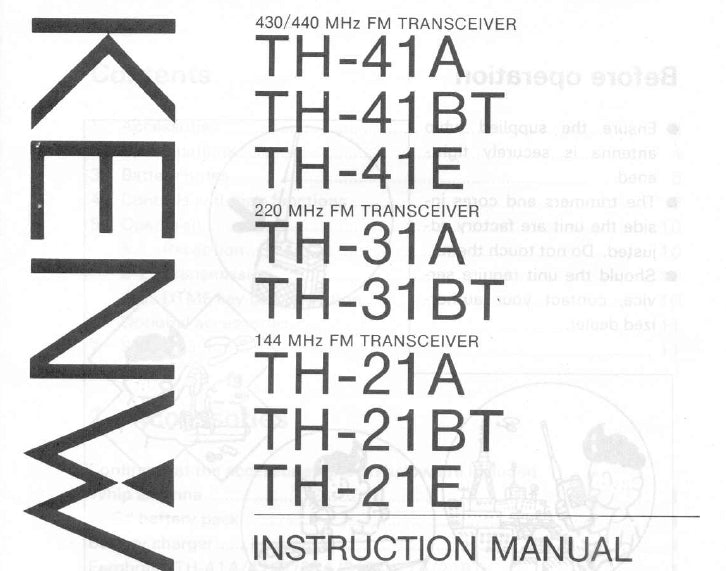 KENWOOD TH-41A TH-41BT TH-41E TH-31A TH-31E TH-21A TH-21BT TH-21E FM TRANSCEIVER INSTRUCTION MANUAL 14 PAGES ENG