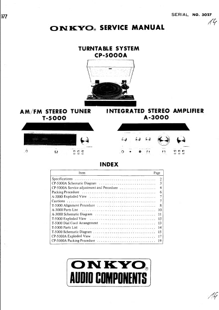 ONKYO CP-5000A T-5000 A-3000 TURNTABLE SYSTEM AM FM STEREO TUNER INTEGRATED STEREO AMPLIFIER SERVICE MANUAL INC SCHEM DIAGS 16 PAGES ENG