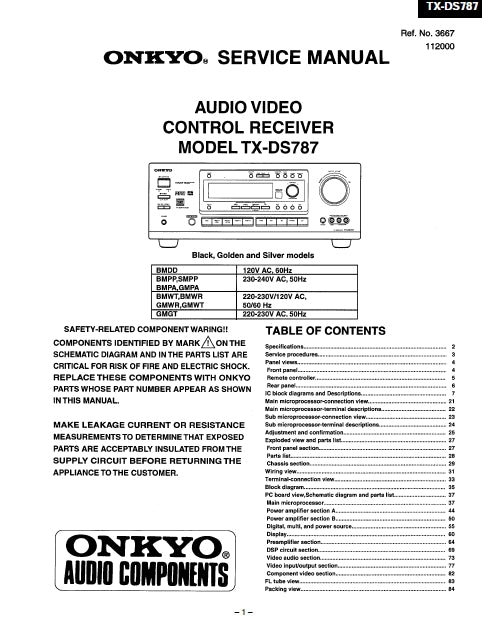 ONKYO TX-DS787 AV CONTROL RECEIVER SERVICE MANUAL INC SCHEM DIAGS 36 PAGES ENG