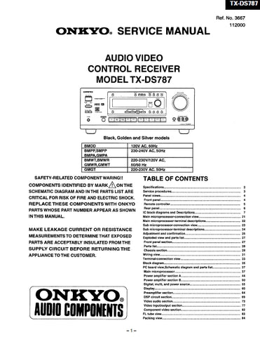 ONKYO TX-DS787 AV CONTROL RECEIVER SERVICE MANUAL INC SCHEM DIAGS 36 PAGES ENG