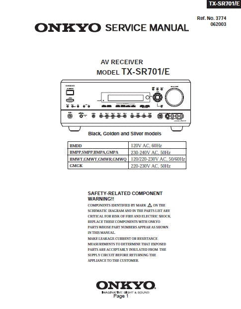 ONKYO TX-SR701 TX-SR701E AV RECEIVER SERVICE MANUAL INC SCHEM DIAGS 80 PAGES ENG