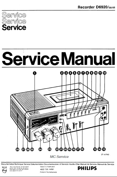 PHILIPS D6920 STEREO CASSETTE RECORDER SERVICE MANUAL INC SCHEMATIC DIAGRAMS 10 PAGES ENG NL FRANC DEUT ITAL