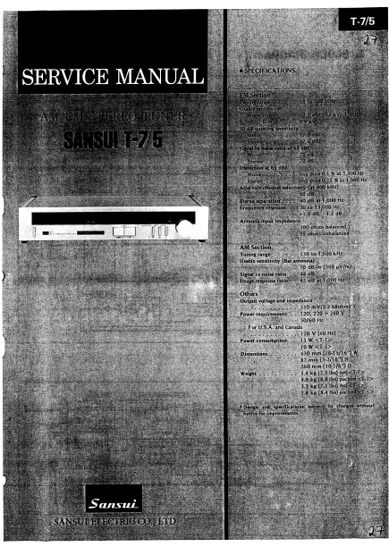 SANSUI T-5 T-7 SERVICE MANUAL ENGLISH AM FM STEREO TUNER