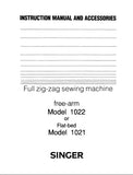 SINGER 1021 1022 SEWING MACHINE INSTRUCTION MANUAL 56 PAGES ENG