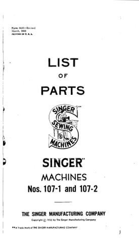 SINGER 107-1 107-2 SEWING MACHINE LIST OF PARTS 31 PAGES ENG
