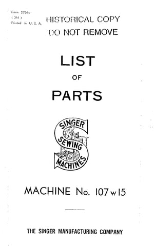 SINGER 107W15 SEWING MACHINE LIST OF PARTS 28 PAGES ENG