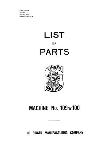 SINGER 109W100 SEWING MACHINE LIST OF PARTS 25 PAGES ENG