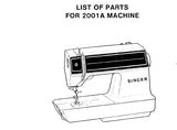 SINGER 2001A SEWING MACHINE LIST OF PARTS 30 PAGES ENG