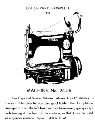SINGER 24-56 SEWING MACHINE LIST OF PARTS COMPLETE 20 PAGES ENG