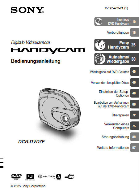 SONY DCR-DVD7E HANDYCAM DIGITALE VIDEOKAMERA BEDIENUNGSANLEITUNG 112 SEITE DEUT