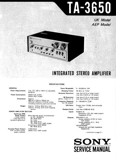 SONY TA-3650 プリメインアンプ　取説付き SONY TA-3650 INTEGRATED STEREO AMPLIFIER SERVICE MANUAL 15 PAGES