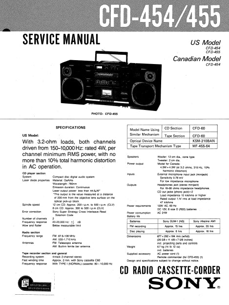 SONY CFD-454 CFD-455 CD RADIO CASSETTE-CORDER SERVICE MANUAL INC SCHEM DIAGS 41 PAGES ENG