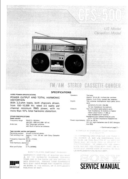 SONY CFS-500 FM AM STEREO CASSETTE-CORDER SERVICE MANUAL INC SCHEM DIAGS 30 PAGES ENG