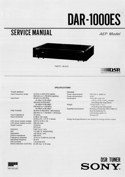 SONY DAR-1000ES DSR TUNER SERVICE MANUAL INC SCHEM DIAGS 40 PAGES ENG