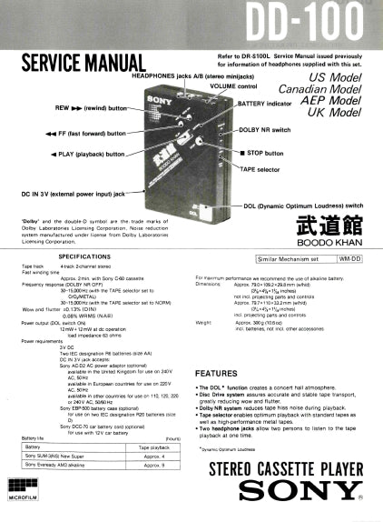 SONY DD-100 STEREO CASSETTE PLAYER SERVICE MANUAL INC SCHEM DIAGS 16 PAGES ENG