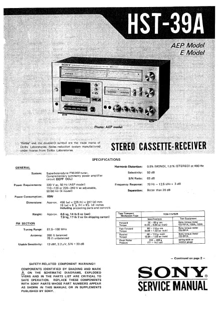 SONY HST-39A STEREO CASSETTE RECEIVER SERVICE MANUAL INC SCHEM DIAGS 28 PAGES ENG