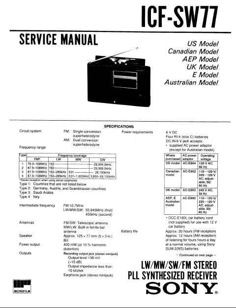 SONY ICF-SW77 LW MW SW FM STEREO PLL SYNTHESIZED RECEIVER SERVICE MANUAL INC SCHEM DIAGS 33 PAGES ENG