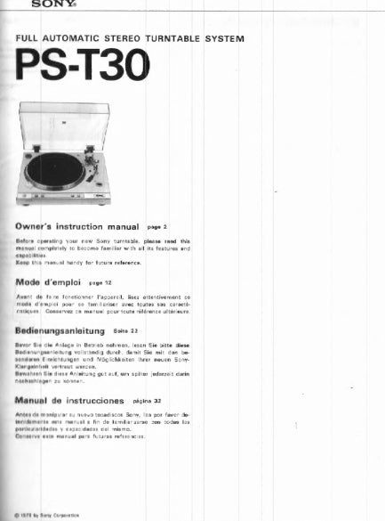SONY PS-T30 FULL AUTOMATIC STEREO TURNTABLE SYSTEM OWNERS INSTRUCTION MANUAL MODE D'EMPLOI BEDIENUNGSANLEITUNG MANUAL DE INSTRUCCIONES 22 PAGES ENG FRANC DEUT ESP
