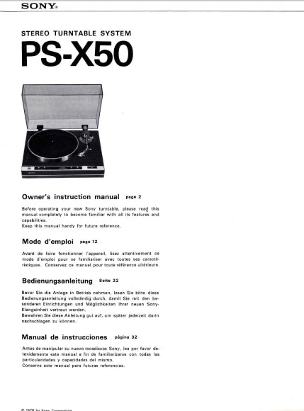 SONY PS-X50 STEREO TURNTABLE SYSTEM OWNERS INSTRUCTION MANUAL MODE D'EMPLOI BEDIENUNGSANLEITUNG MANUAL DE INSTRUCCIONES 42 PAGES ENG FRANC DEUT ESP