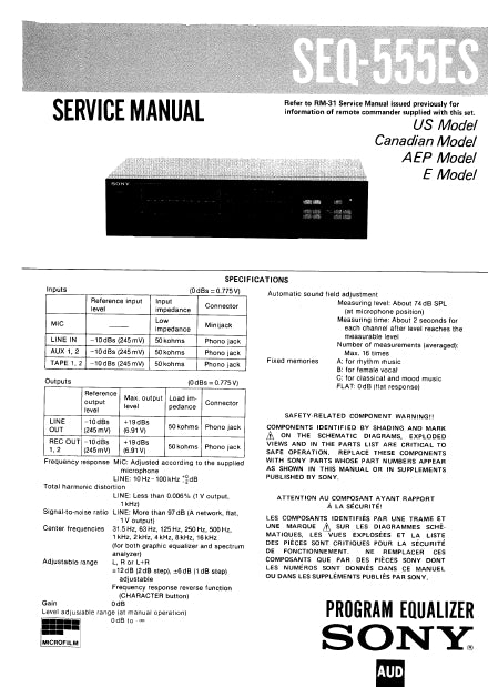 SONY SEQ-555ES PROGRAM EQUALIZER SERVICE MANUAL INC SCHEM DIAGS 46 PAGES ENG