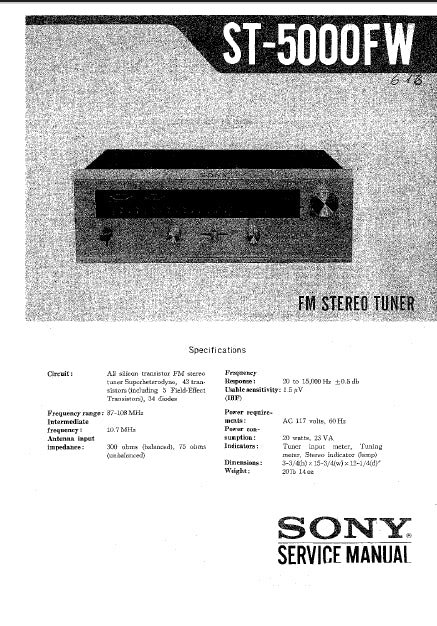 SONY ST-5000FW FM STEREO TUNER SERVICE MANUAL INC SCHEM DIAGS 89 PAGES ENG
