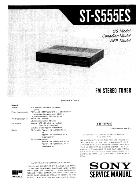SONY ST-S555ES FM STEREO TUNER SERVICE MANUAL INC SCHEM DIAGS 31 PAGES ENG