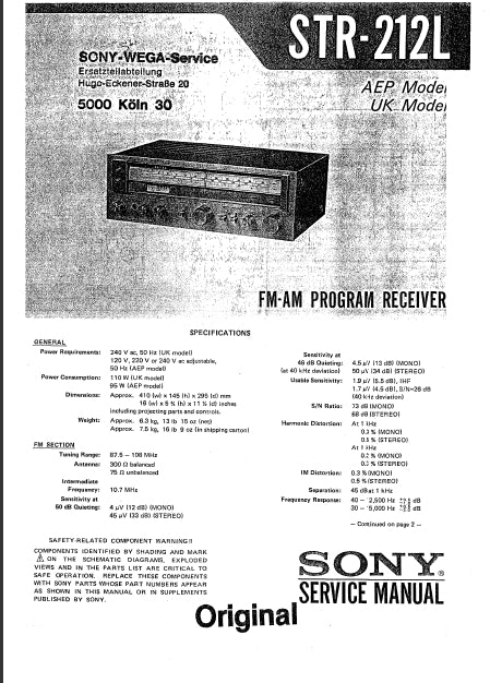 SONY STR-212L FM AM PROGRAM RECEIVER SERVICE MANUAL INC SCHEM DIAGS 19 PAGES ENG