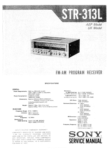 SONY STR-313L FM AM PROGRAM RECEIVER SERVICE MANUAL INC SCHEM DIAGS 20 PAGES ENG