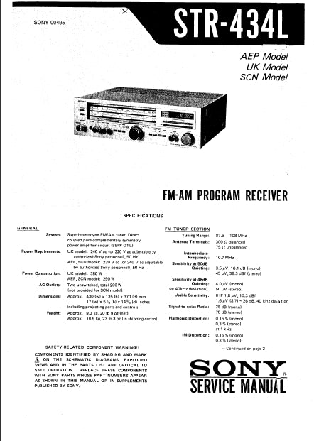 SONY STR-434L FM AM PROGRAM RECEIVER SERVICE MANUAL INC SCHEM DIAGS 42 PAGES ENG