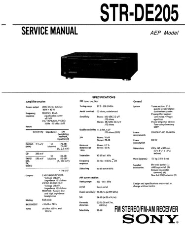 SONY STR-DE205 FM STEREO FM AM RECEIVER SERVICE MANUAL INC SCHEMATIC DIAGRAMS 19 PAGES ENG