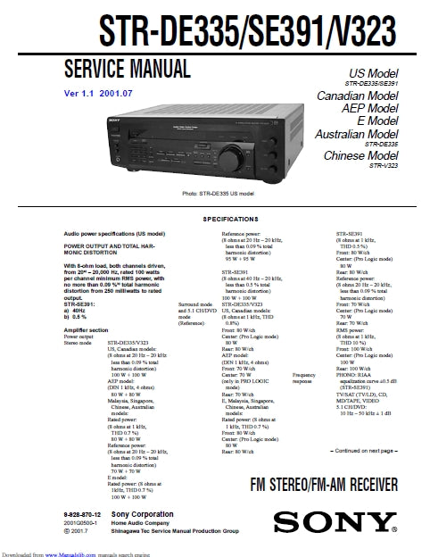 SONY STR-DE335 STR-SE391 STR-V323 FM STEREO FM AM RECEIVER SERVICE MANUAL INC SCHEMATIC DIAGRAMS 45 PAGES ENG
