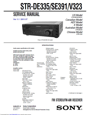 SONY STR-DE335 STR-SE391 STR-V323 FM STEREO FM AM RECEIVER SERVICE MANUAL INC SCHEMATIC DIAGRAMS 45 PAGES ENG