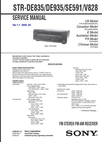 SONY STR-DE835 STR-DE935 STR-SE591 STR-V828 FM STEREO FM AM RECEIVER SERVICE MANUAL INC SCHEMATIC DIAGRAMS 68 PAGES ENG