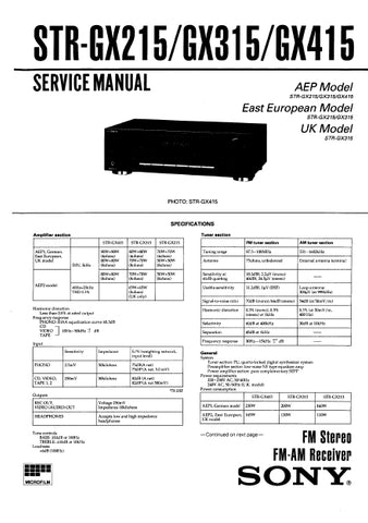 SONY STR-GX215 STR-GX315 STR-GX415 FM STEREO FM AM RECEIVER SERVICE MANUAL INC SCHEMATIC DIAGRAMS 31 PAGES ENG