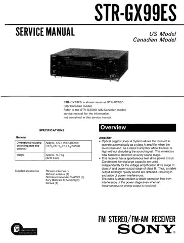 SONY STR-GX99ES FM STEREO FM AM RECEIVER SERVICE MANUAL INC SCHEMATIC DIAGRAMS 65 PAGES ENG